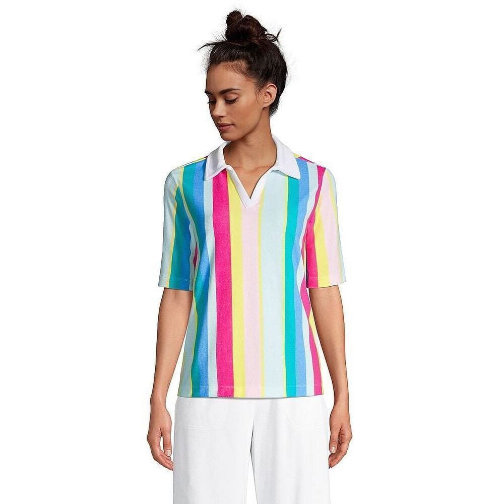 Lands End Plus Size 1X Striped Soft Collar French Terry Polo Shirt Top